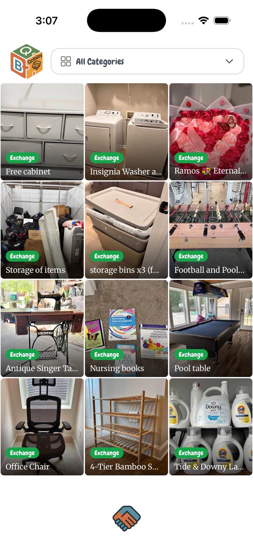 Qollaby exchange feed showing a washer and dryer, a pool table, an antique sewing table, an office chair and household goods listed by nearby members