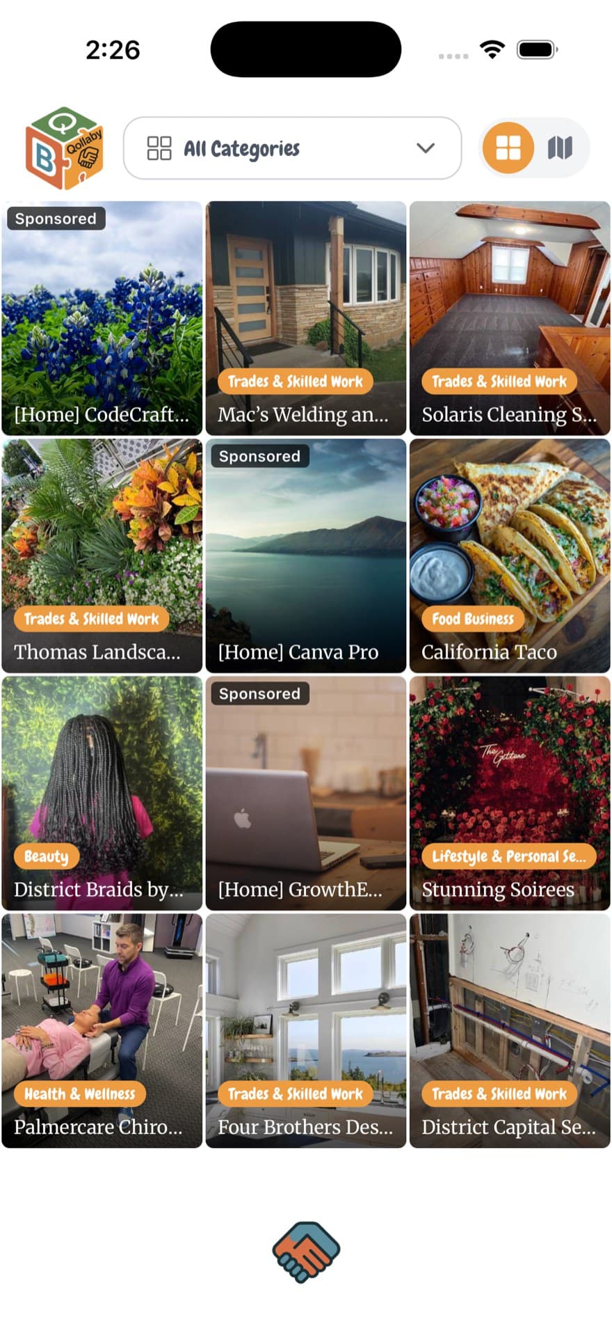 Qollaby home feed showing local trades, food, beauty and wellness businesses with sponsored placements