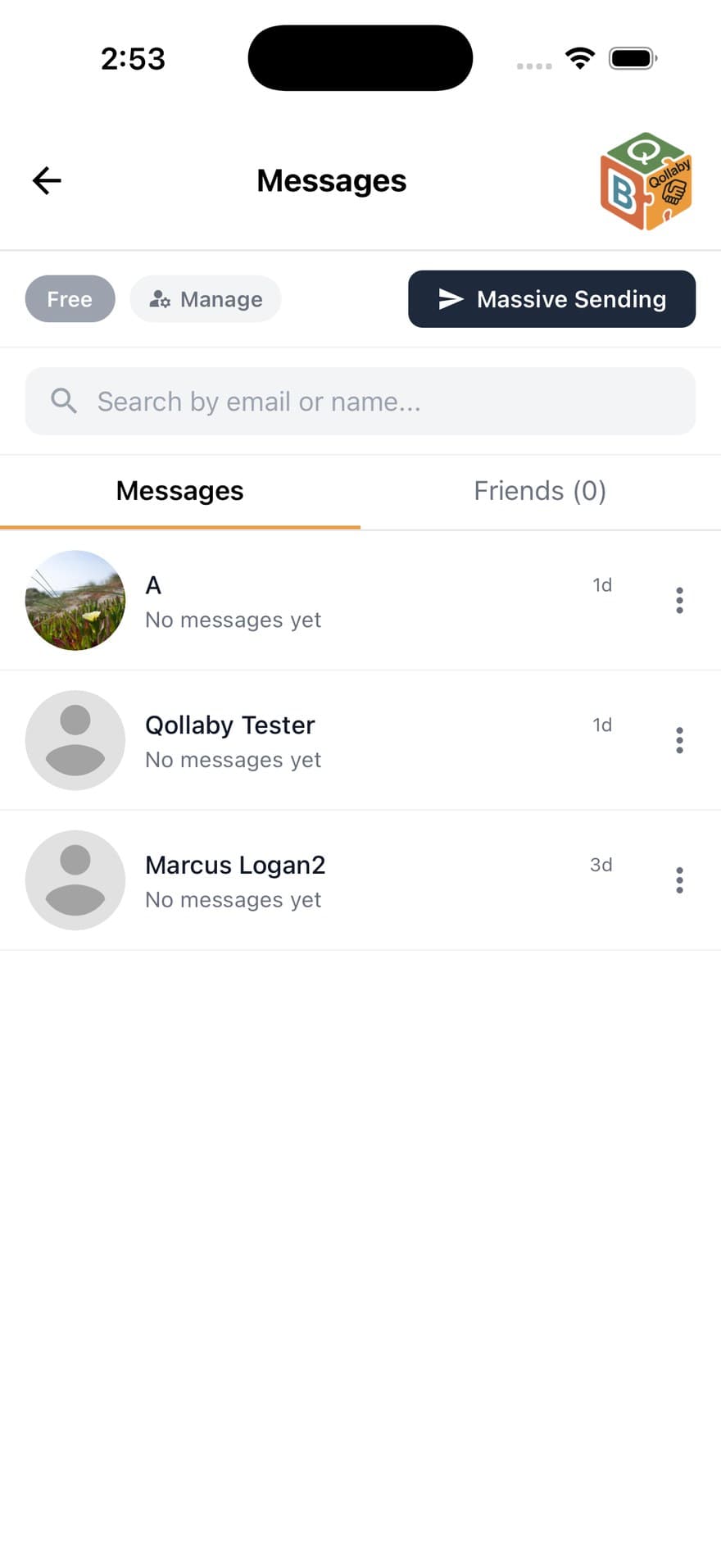 Qollaby messages inbox with a conversation search field, Messages and Friends tabs, and a broadcast option