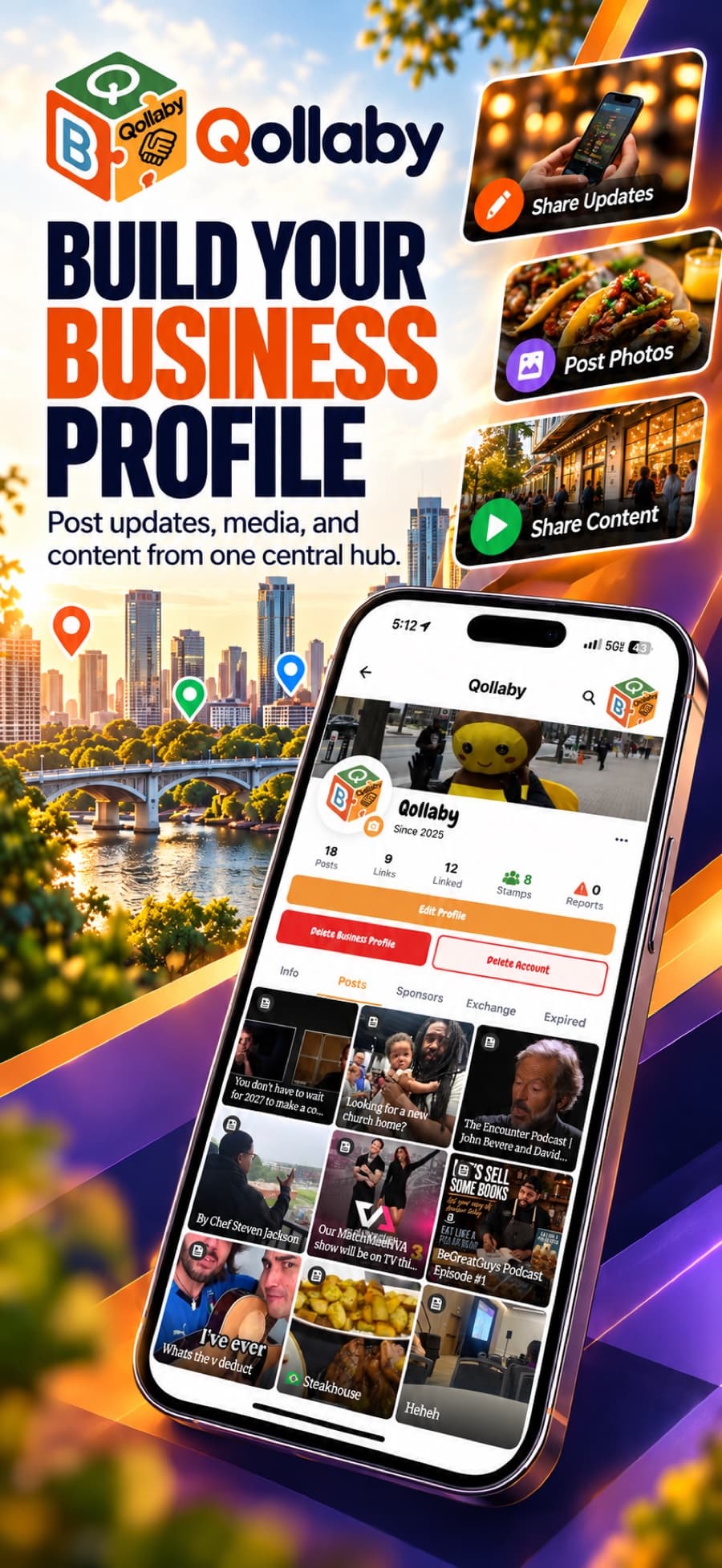 Build your business profile: a Qollaby business page with its posts, stats and tabs