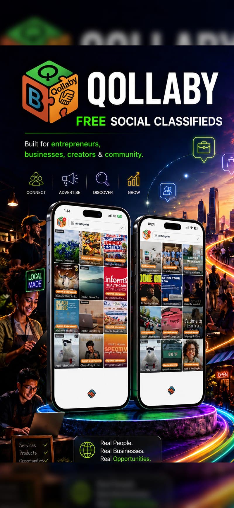 Qollaby local feed of community classifieds from entrepreneurs and small businesses
