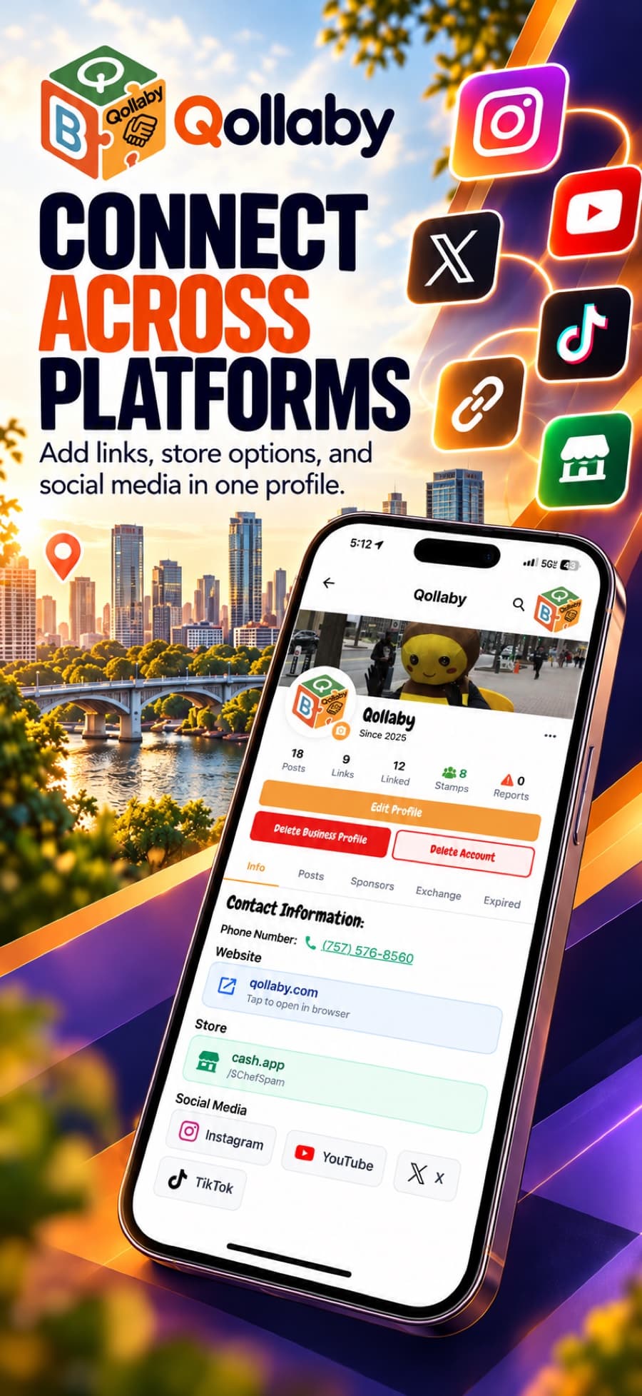Connect across platforms: a Qollaby business profile's contact information with website, store and social links