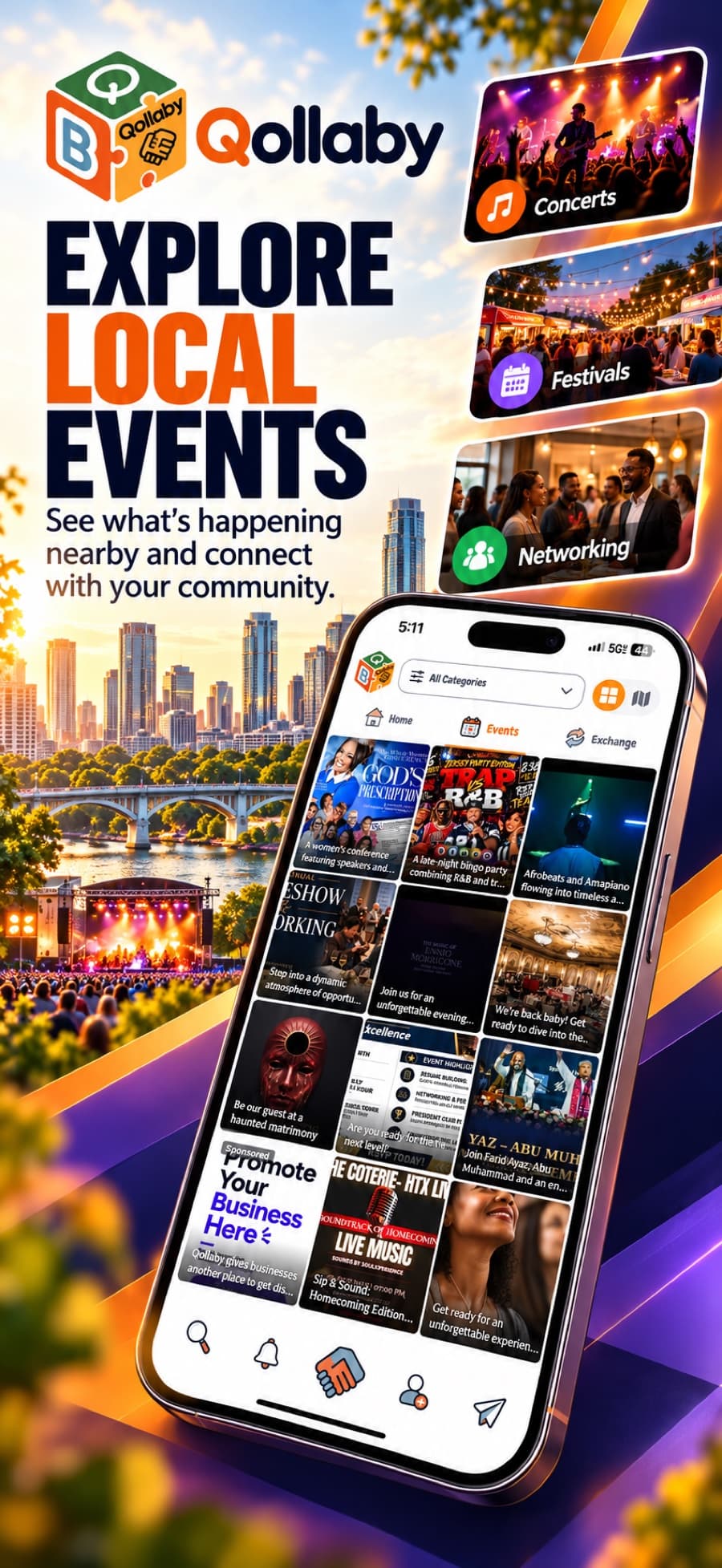 Explore local events: the Qollaby Events feed with concerts, festivals and networking nights nearby