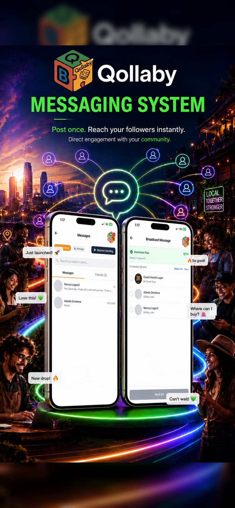 Qollaby messaging inbox alongside a broadcast message composed for followers