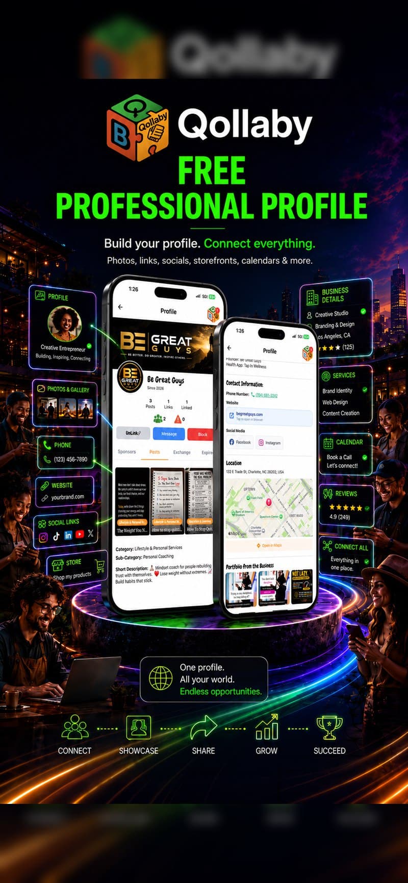 Qollaby business profile with services, contact details, gallery and reviews