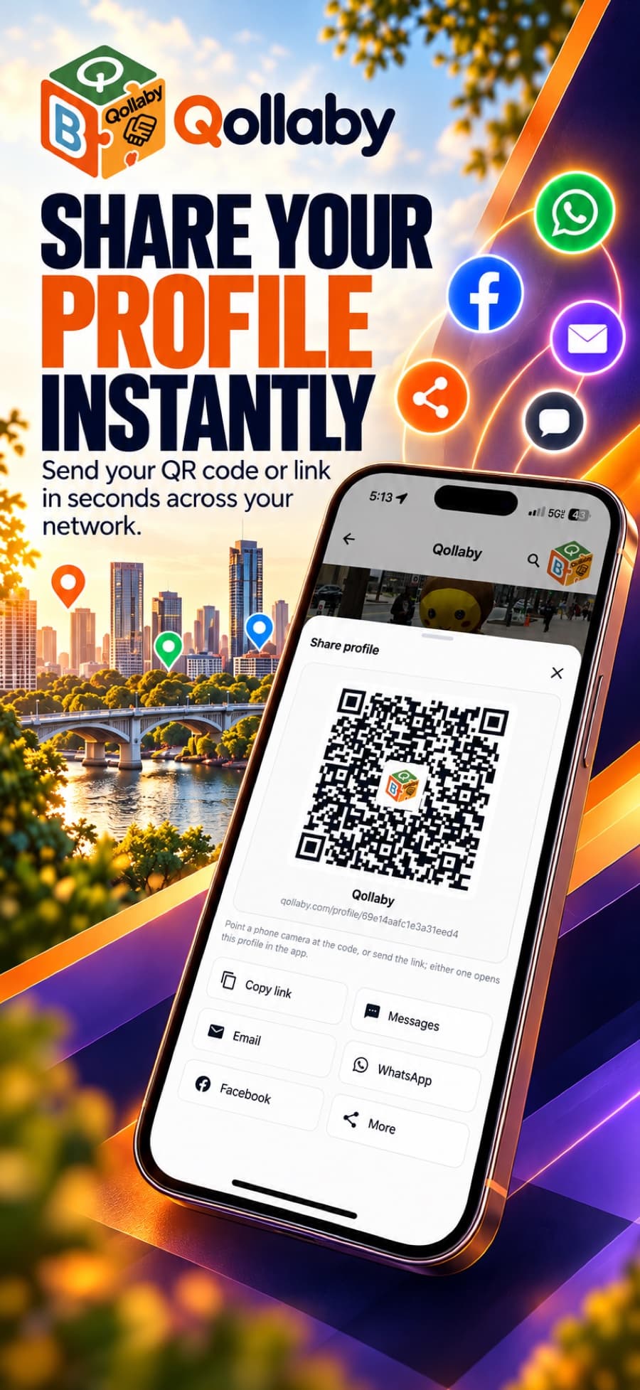 Share your profile instantly: the Qollaby share sheet with a QR code and copy, message, email and social options