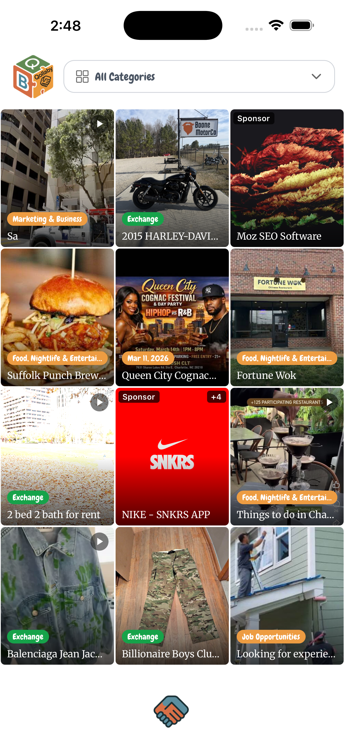 Qollaby home feed with posts, exchanges, and sponsor cards