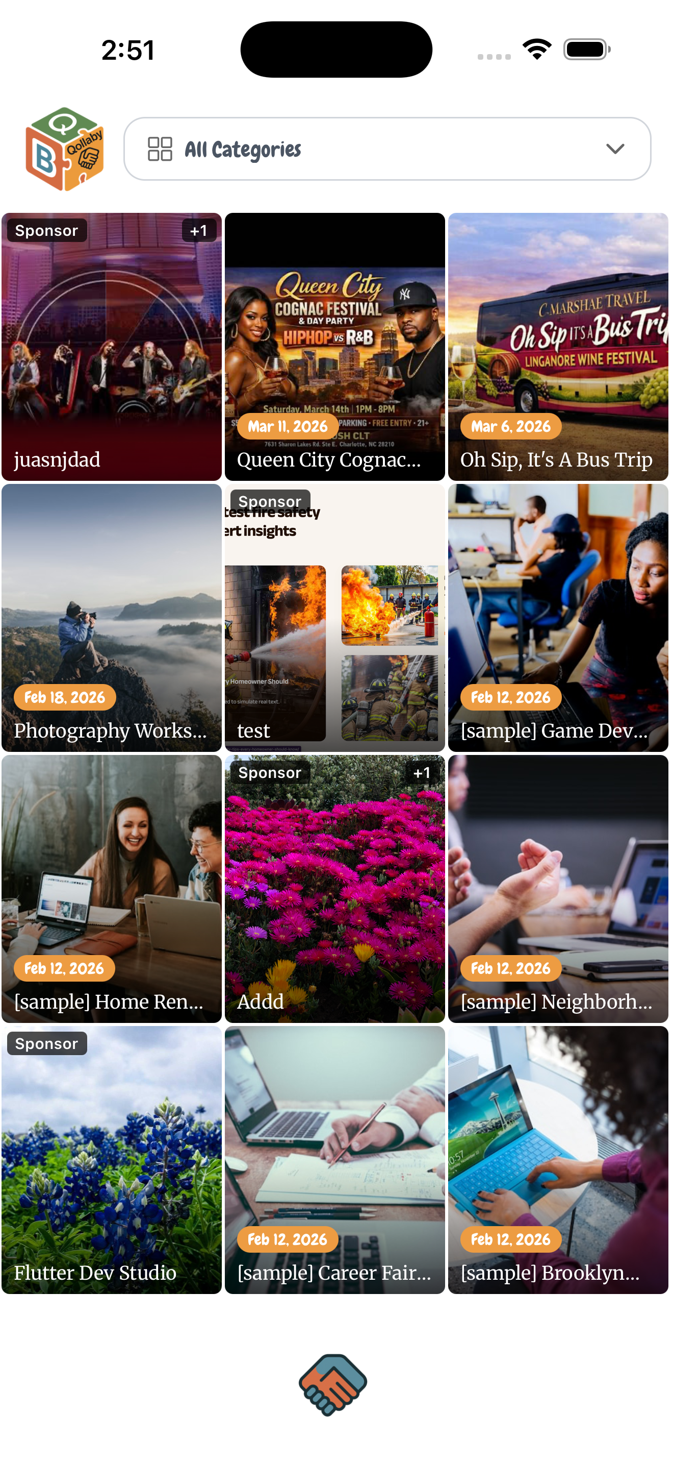 Qollaby events feed with dated event cards and sponsors