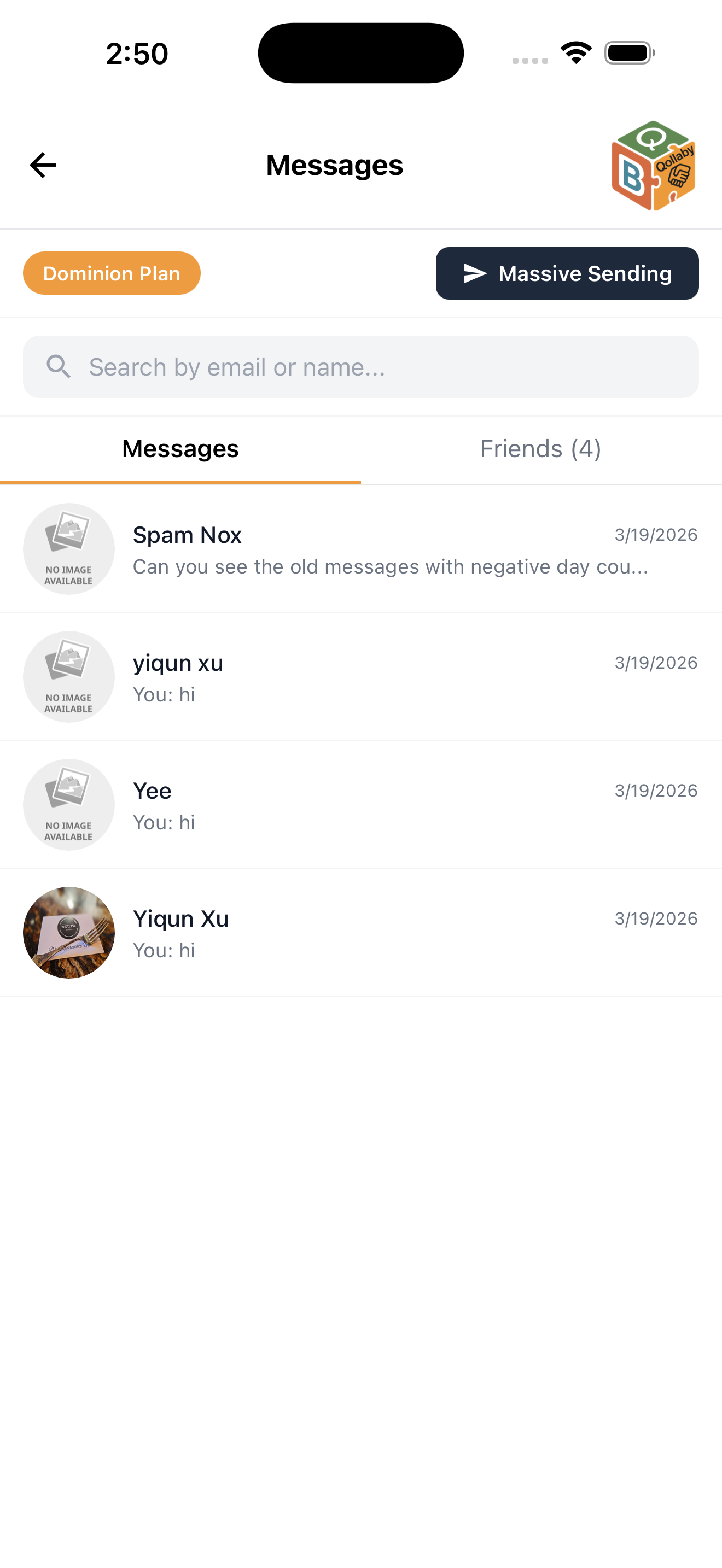Qollaby messages inbox with conversations and friends tab
