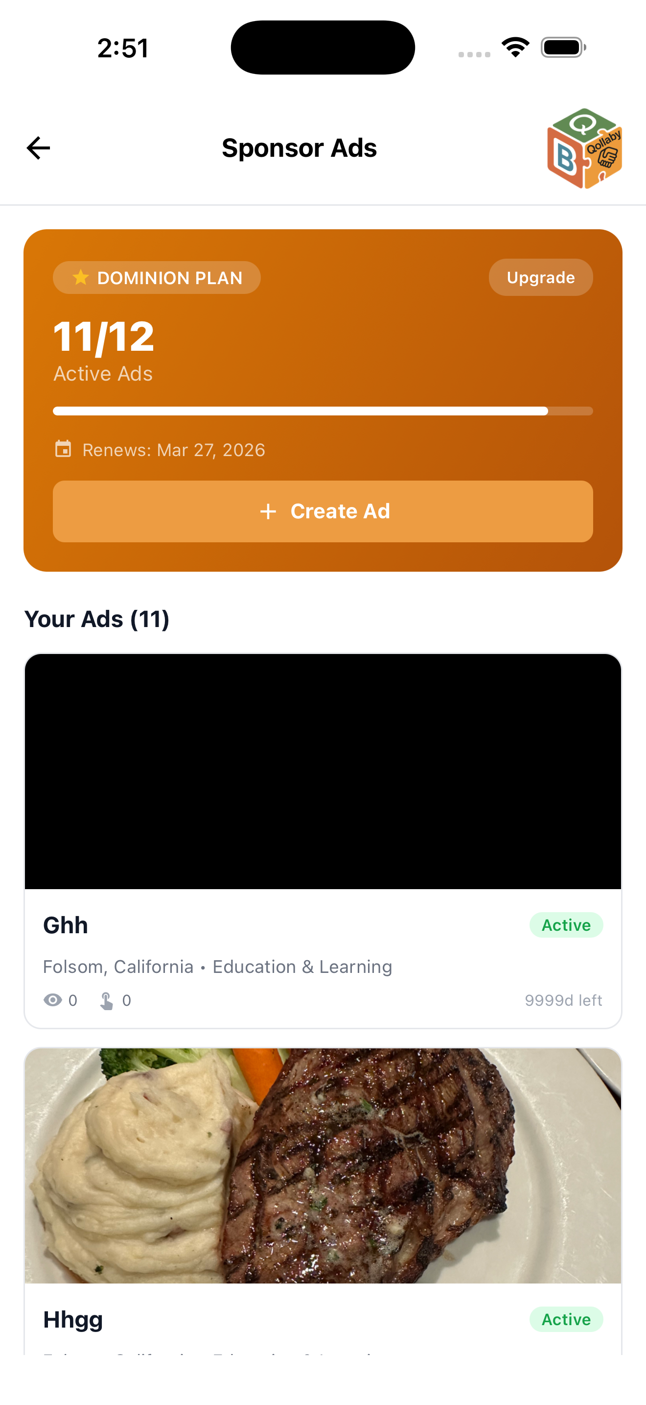 Qollaby sponsor ads management with active ads and plan info